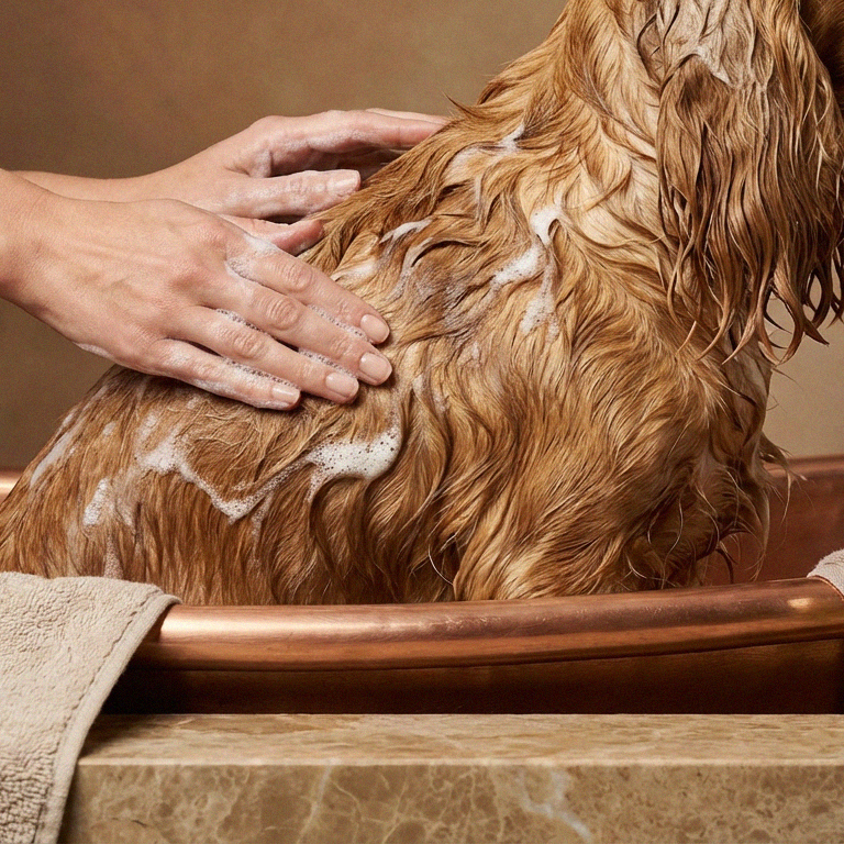 Person washing a dog with a bottle of 'Grubby' shampoo on a marble surface.