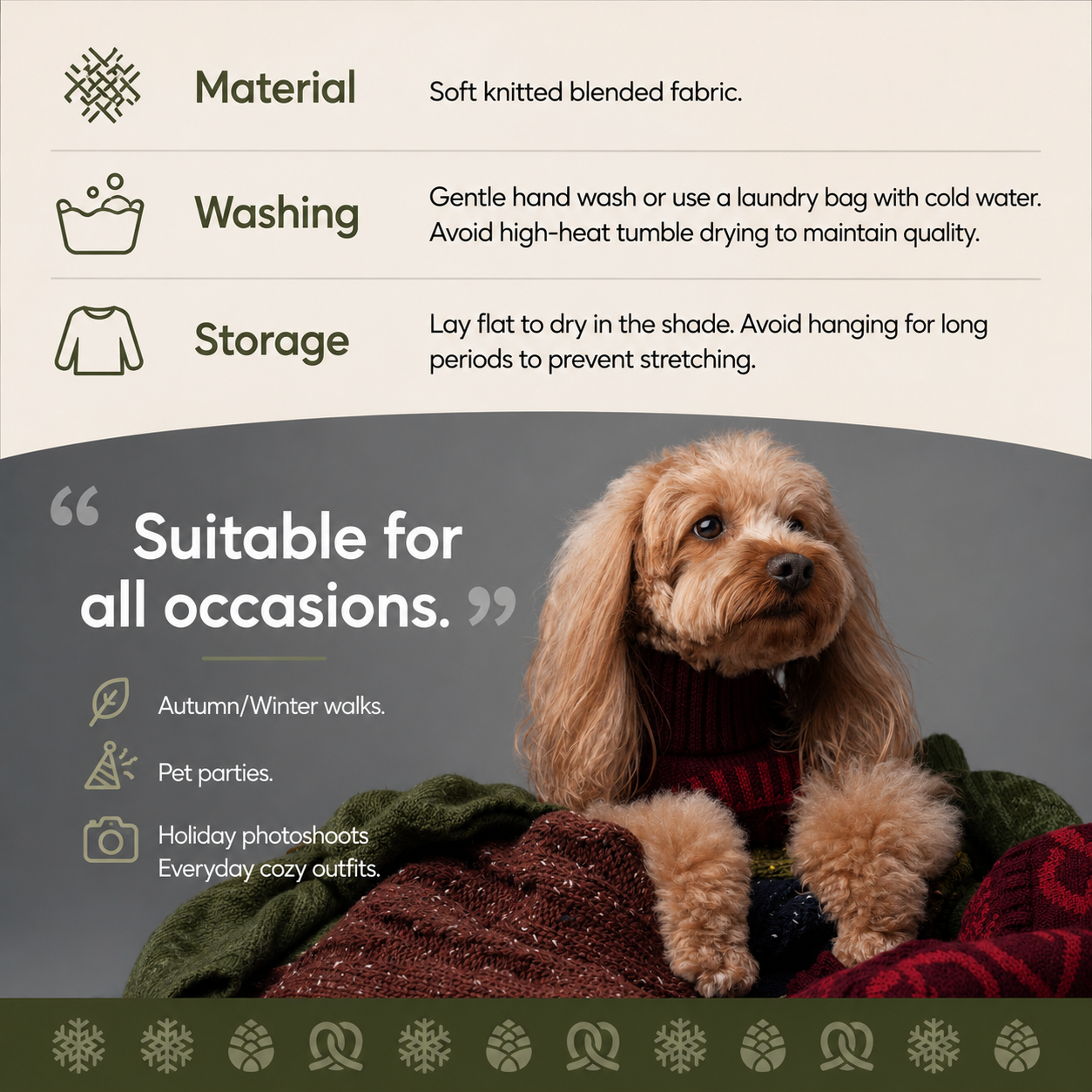 A promotional graphic for a dog sweater, featuring a fluffy golden-brown dog wearing a dark red knit sweater and sitting on a green blanket. The top section contains text with icons describing the material, washing instructions, and storage.