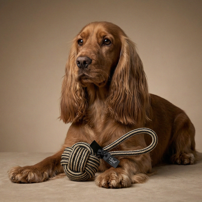 Brown dog lying on a beige surface with a toy in front of it against a brown background