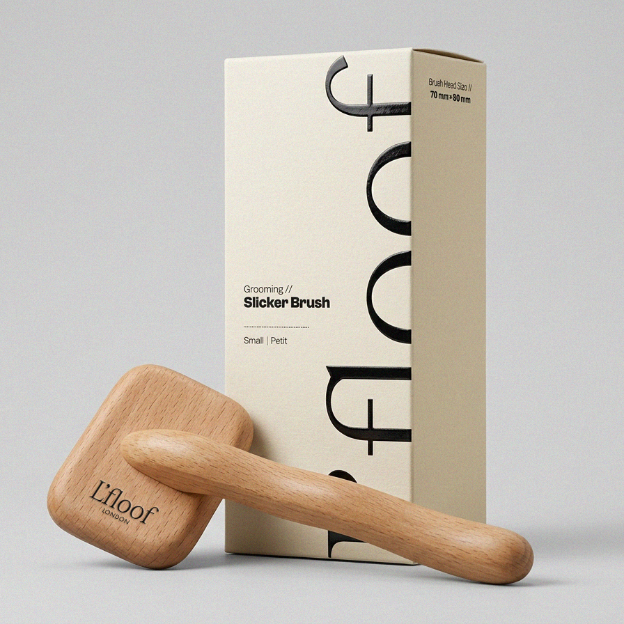Wooden slicker brush with packaging on a grey background