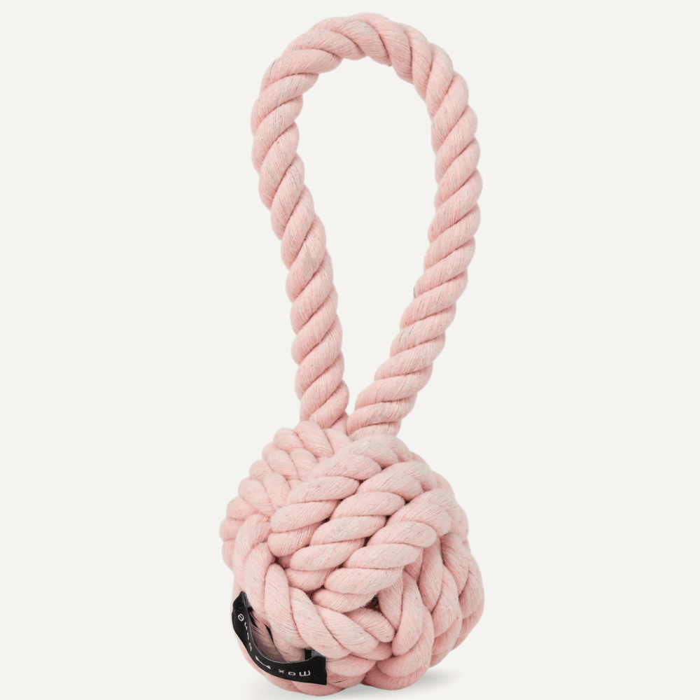 Pink rope dog toy on a white background
