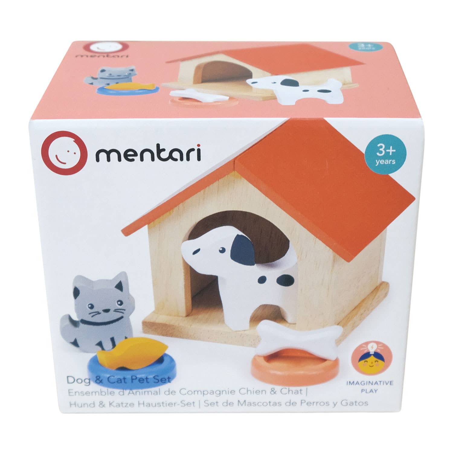 Mentari dog and cat pet set packaging with toy dog, cat, and house on a white background