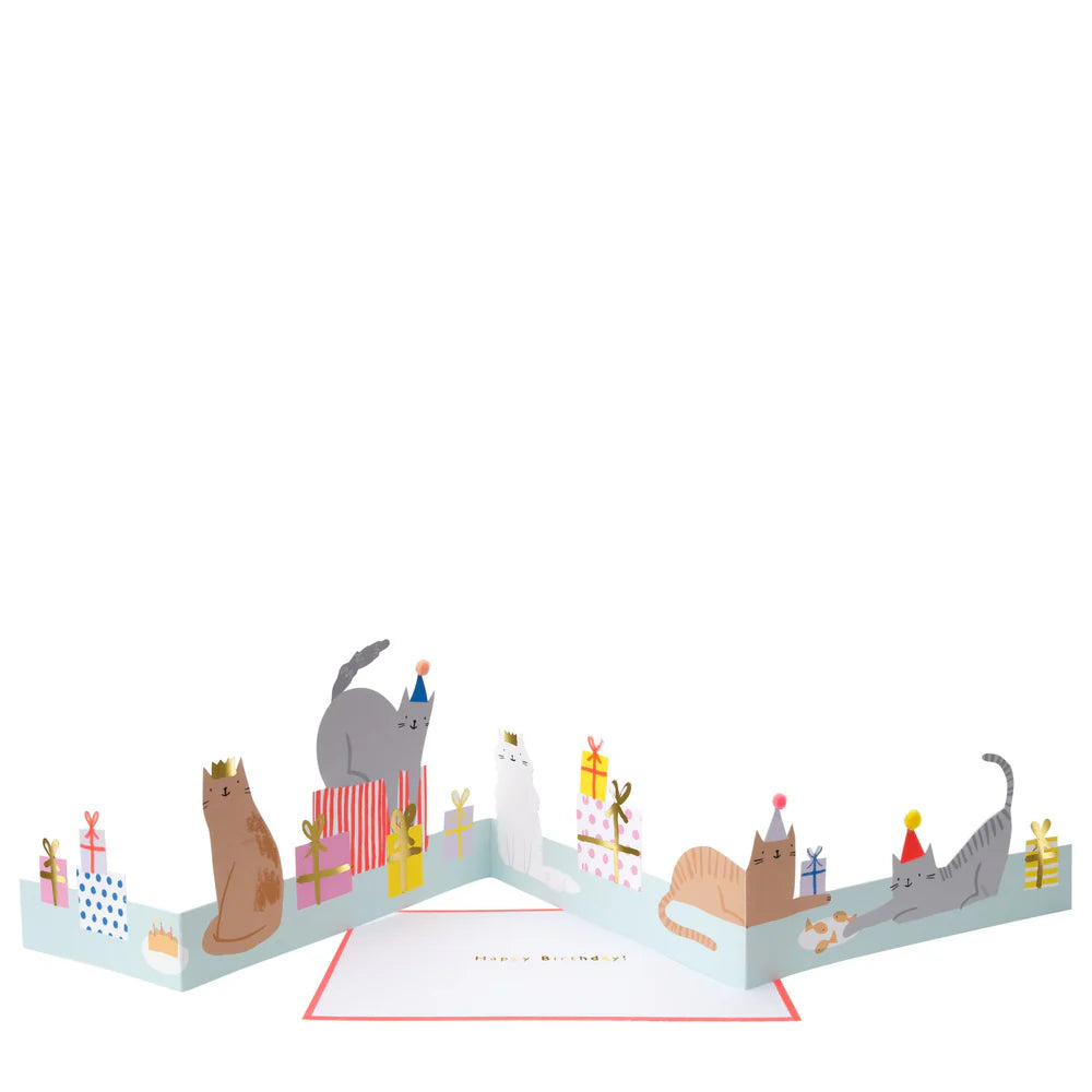 3D pop-up card with cats and presents on a white background