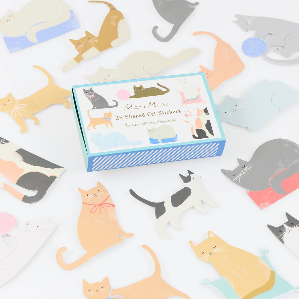 Box of cat-shaped stickers with various cat illustrations on a white background