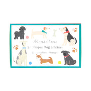 Packaging of Meri Meri shaped dog stickers with illustrations of dogs on a white background.