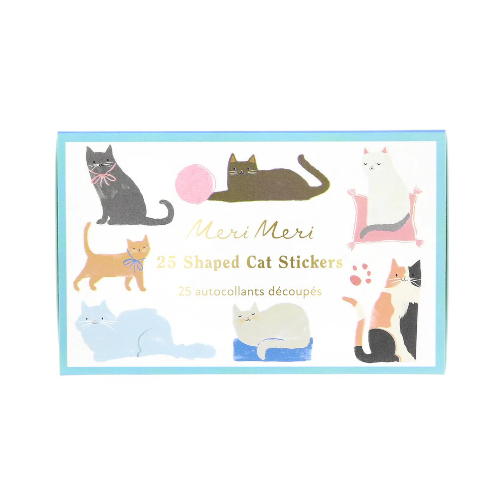 Pack of cat-shaped stickers with Meri Meri branding on a white background
