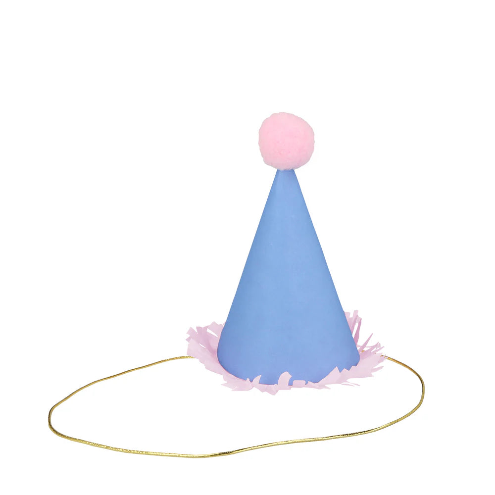 Blue party hat with pink pom-pom and fringe on a white background