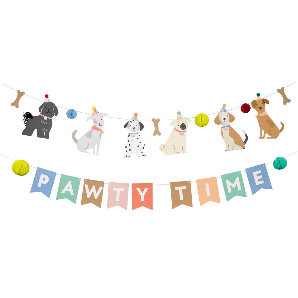Decorative banner with cartoon dogs and 'Pawty Time' text on a white background