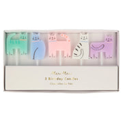 Set of five colorful animal-shaped birthday candles in a box with 'Meri Meri' branding.