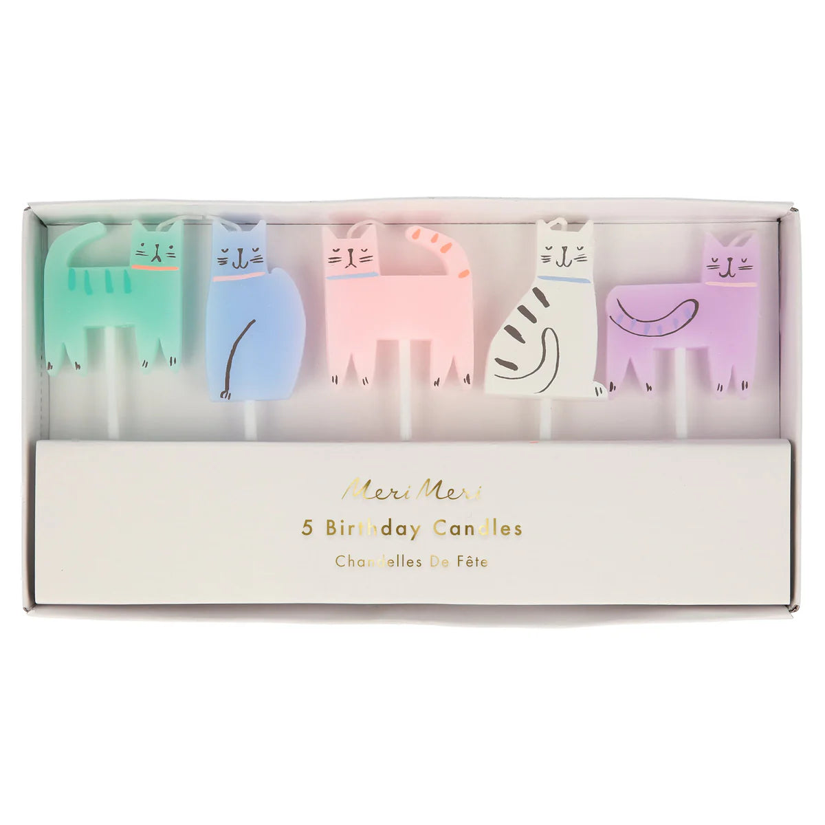 Set of five colorful animal-shaped birthday candles in a box with 'Meri Meri' branding.
