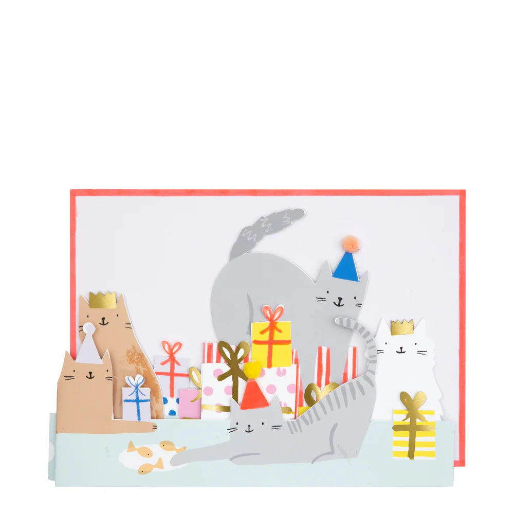 Illustration of cats with birthday hats and presents on a white background