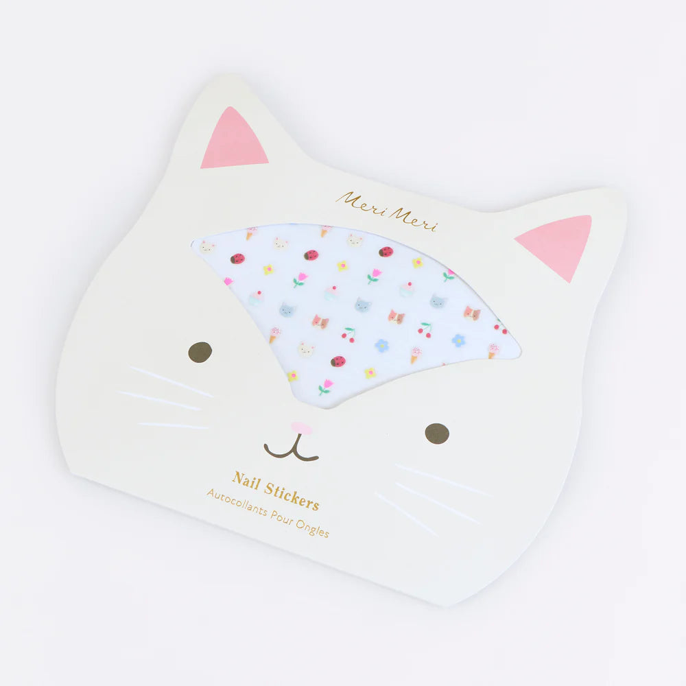 Cat-shaped nail sticker case with colorful design on a white background