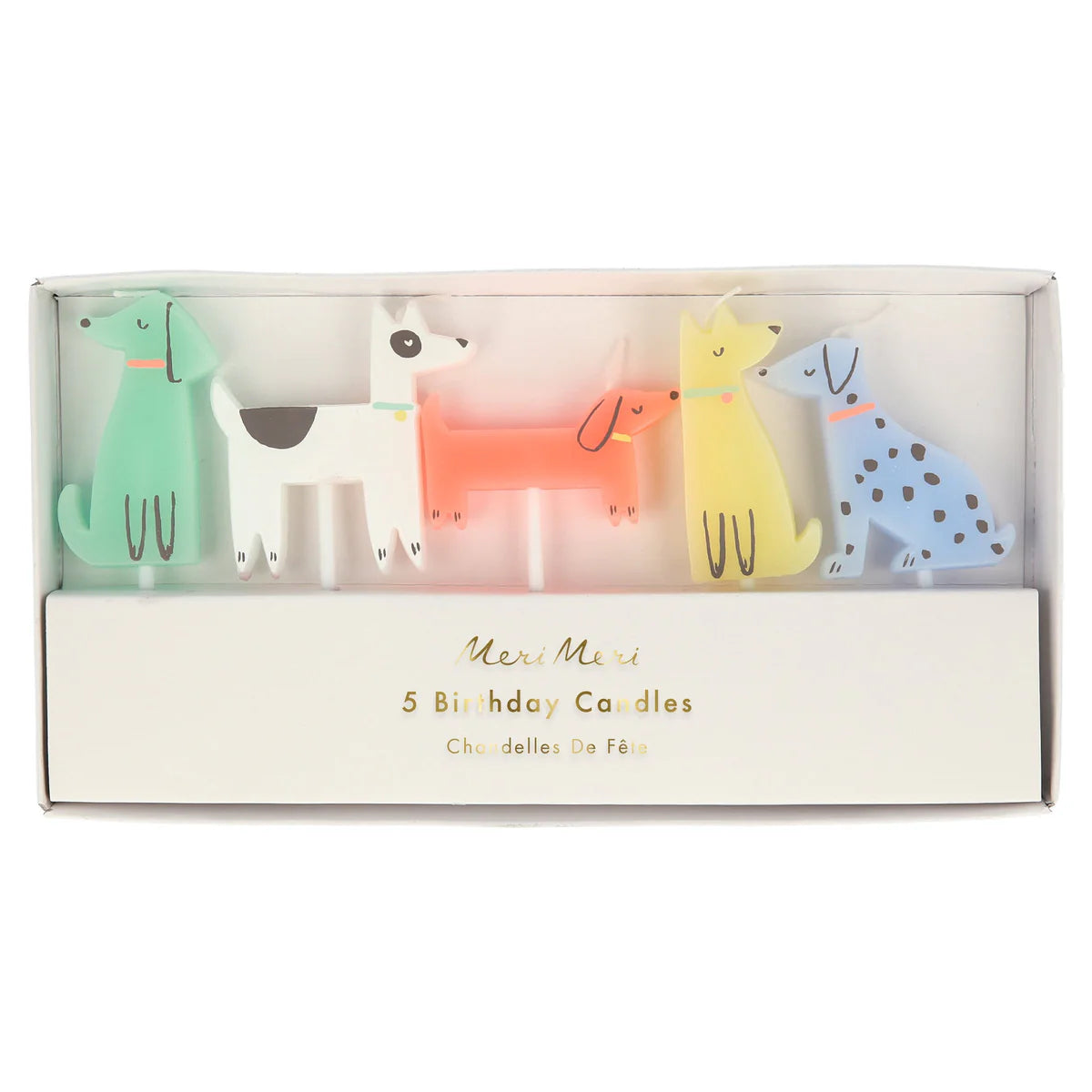 Set of five animal-shaped birthday candles in a box with 'Meri Meri' branding.