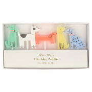 Set of five animal-shaped birthday candles in a box with 'Meri Meri' branding.