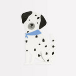 Stylized illustration of a Dalmatian dog with a blue bandana on a white background