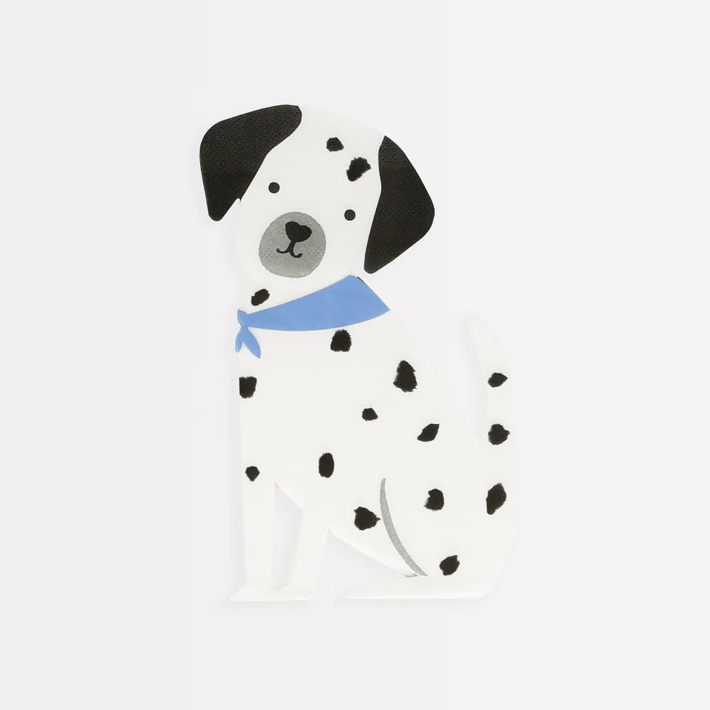 Stylized illustration of a Dalmatian dog with a blue bandana on a white background
