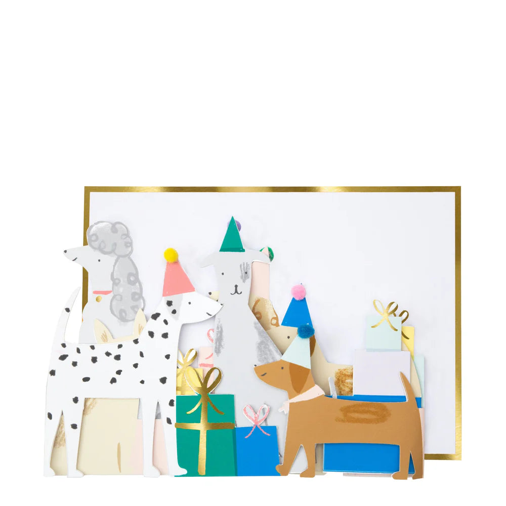 Illustration of animals with party hats and presents in a gold frame