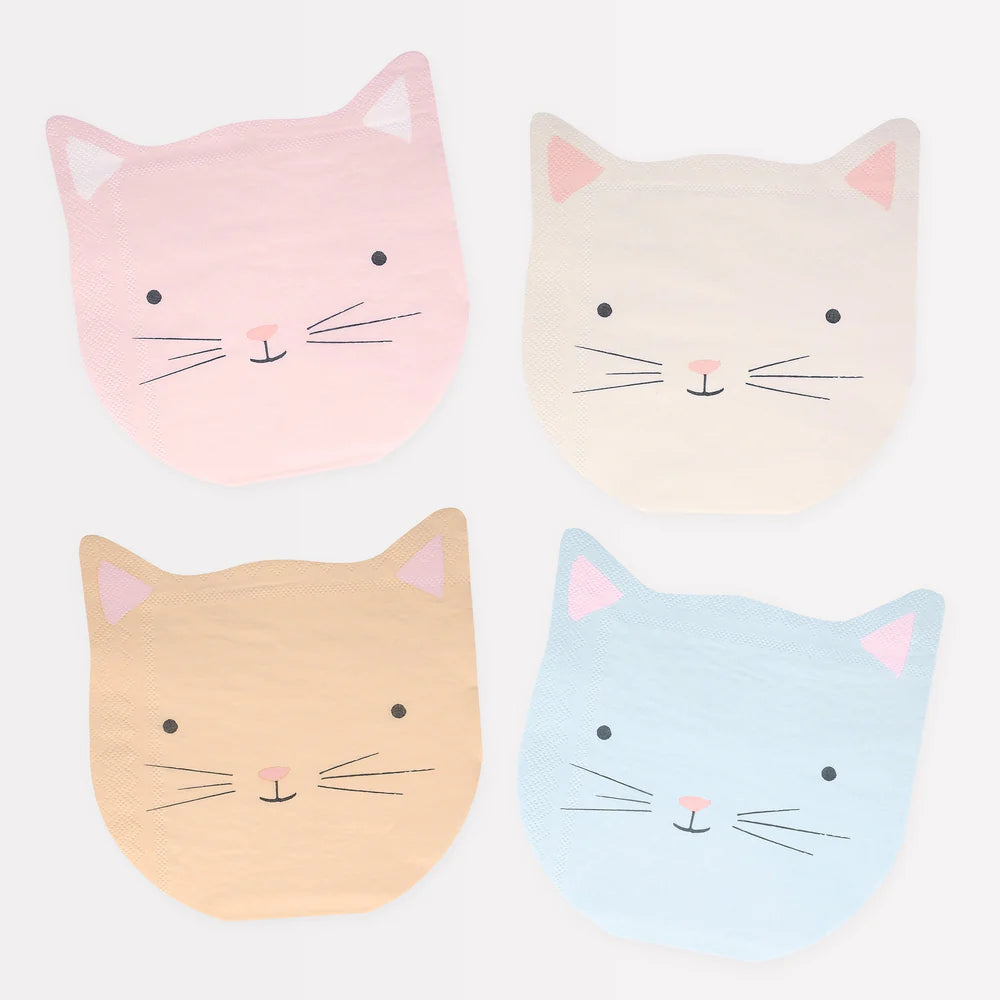 Four pastel-colored cat face designs on a light gray background