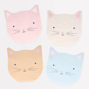 Four pastel-colored cat face designs on a light gray background