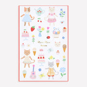 Sheet of temporary tattoos with cat-themed designs on a white background