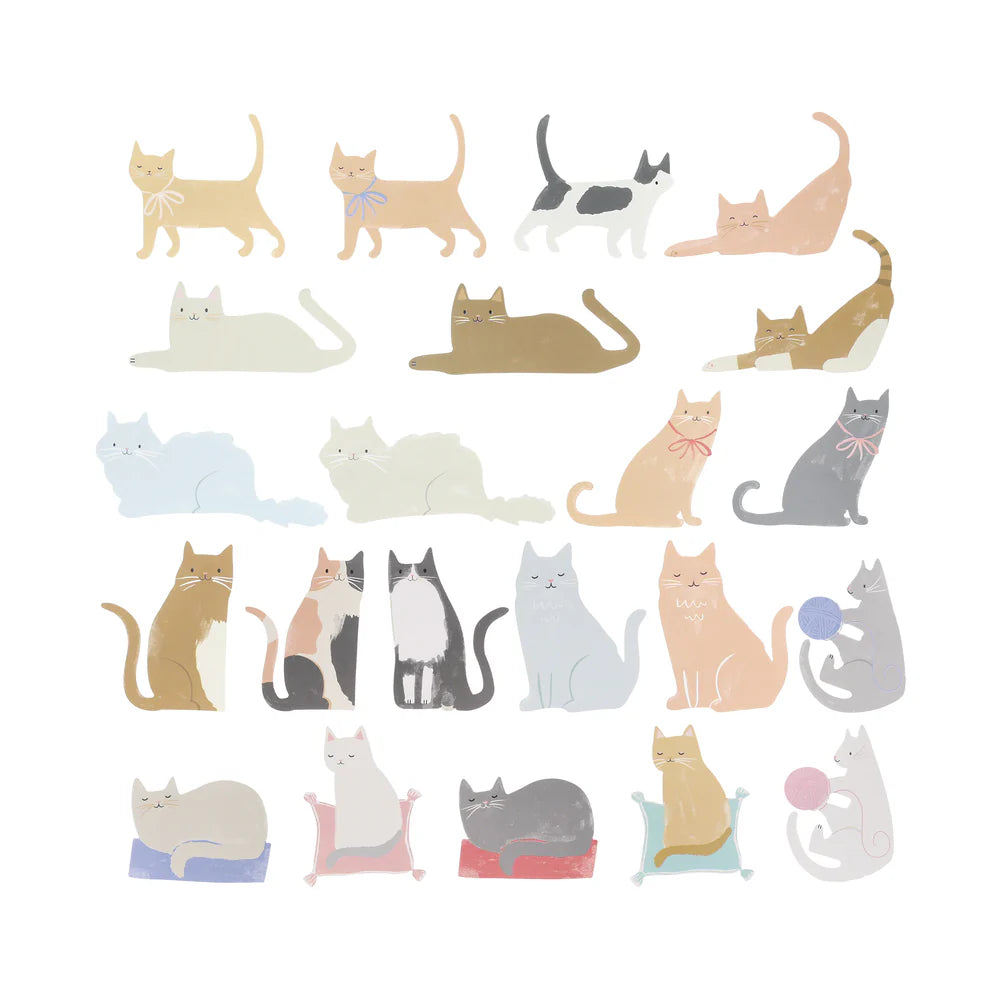 Illustrations of various cats in different poses and colors on a white background