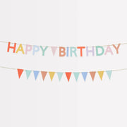 Colorful 'Happy Birthday' banner with small flags on a white background