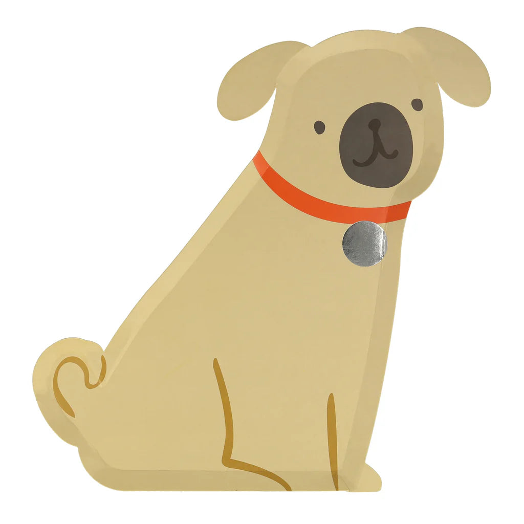 Beige dog figurine with a red collar and silver tag on a white background