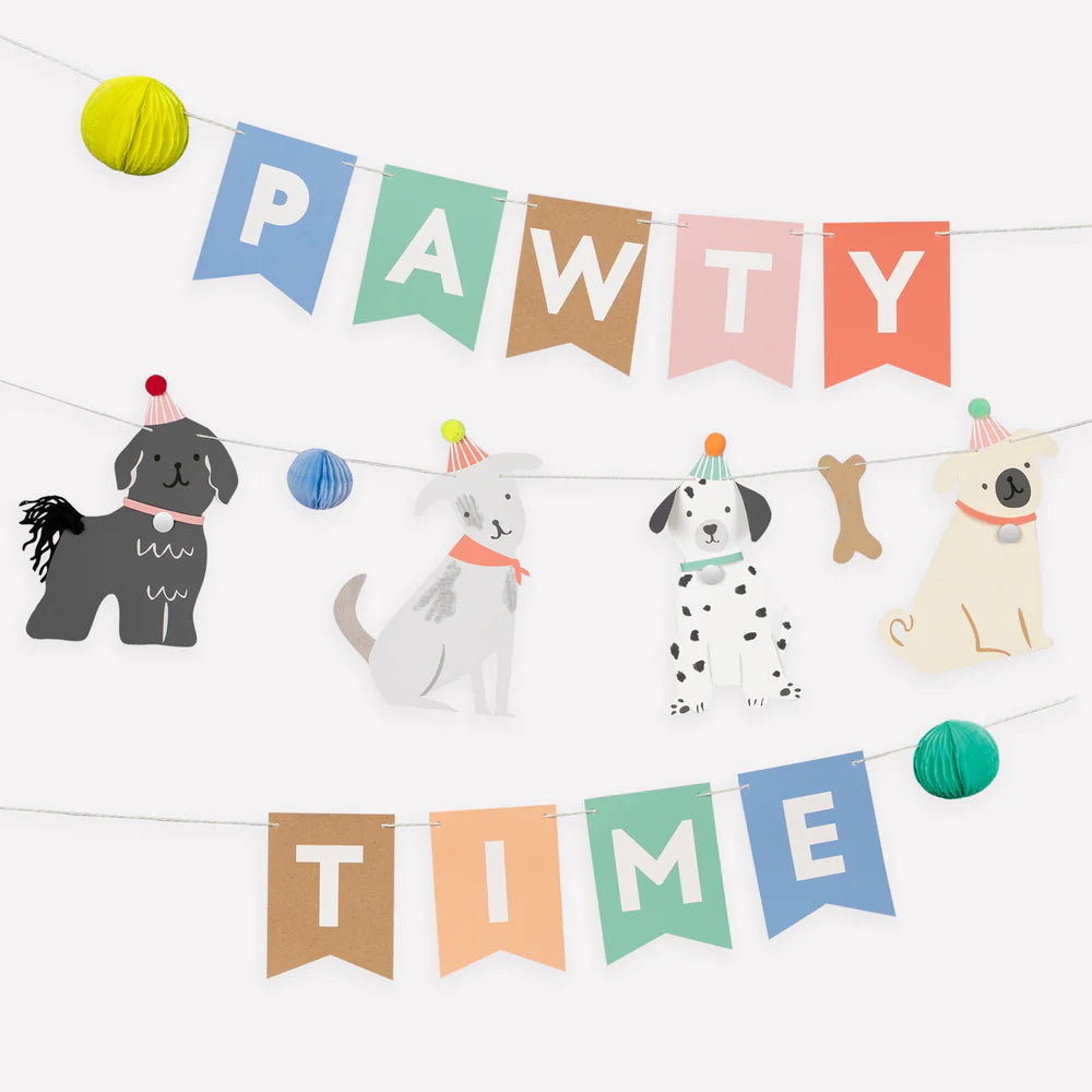 Decorative banner with cartoon dogs and colorful text on a white background