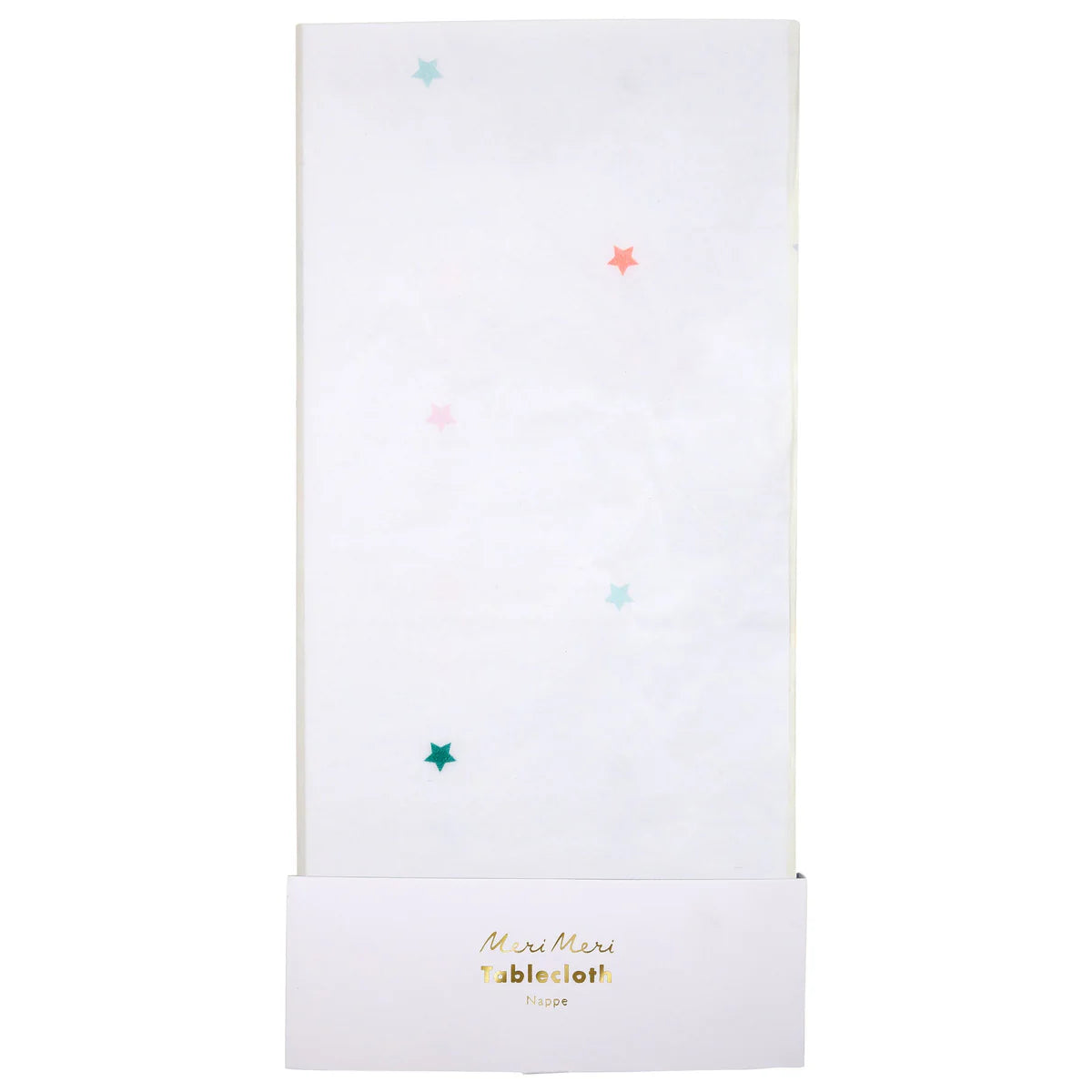 White tablecloth with colorful star patterns on a white background