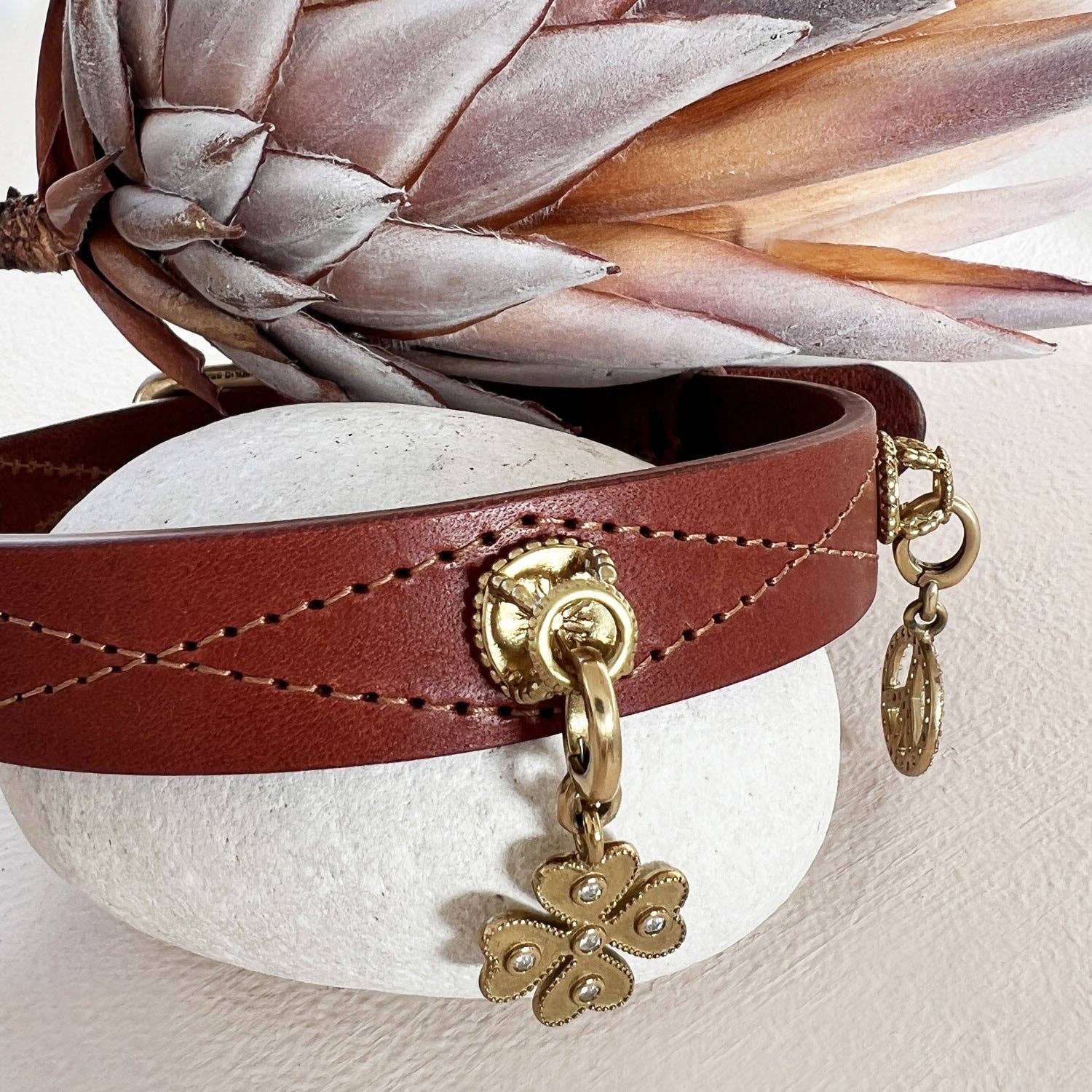 Close-up detail of the four leaf clover dog charm