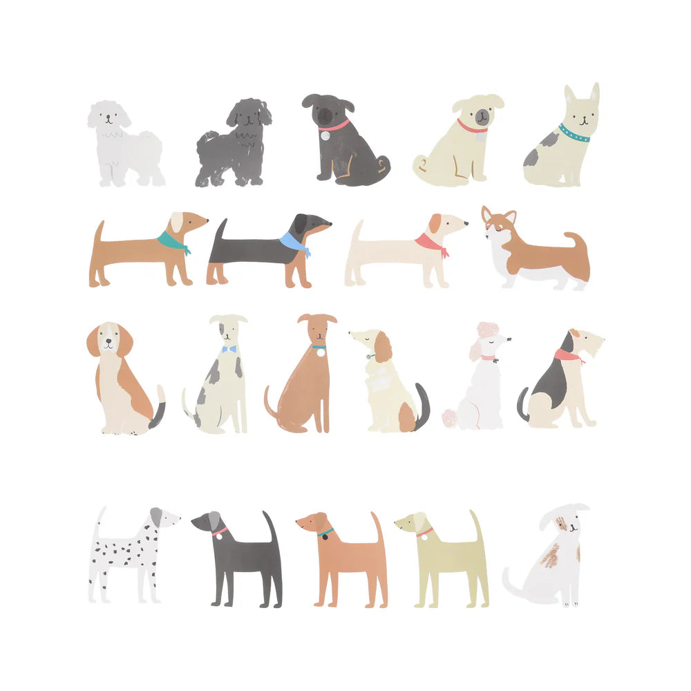Illustrations of various dog breeds on a white background