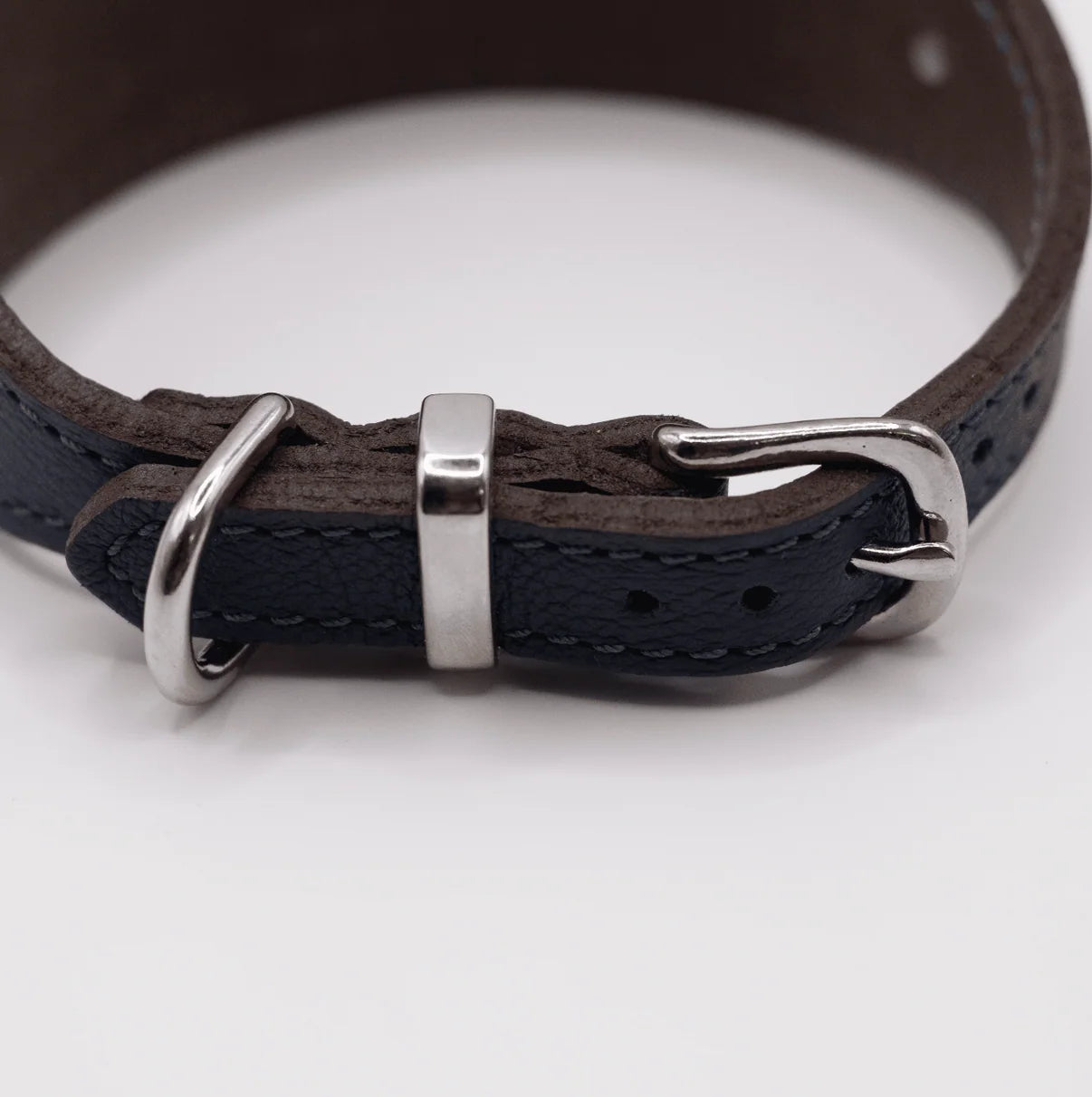 Close-up of a brown leather dog collar with a silver buckle on a white background