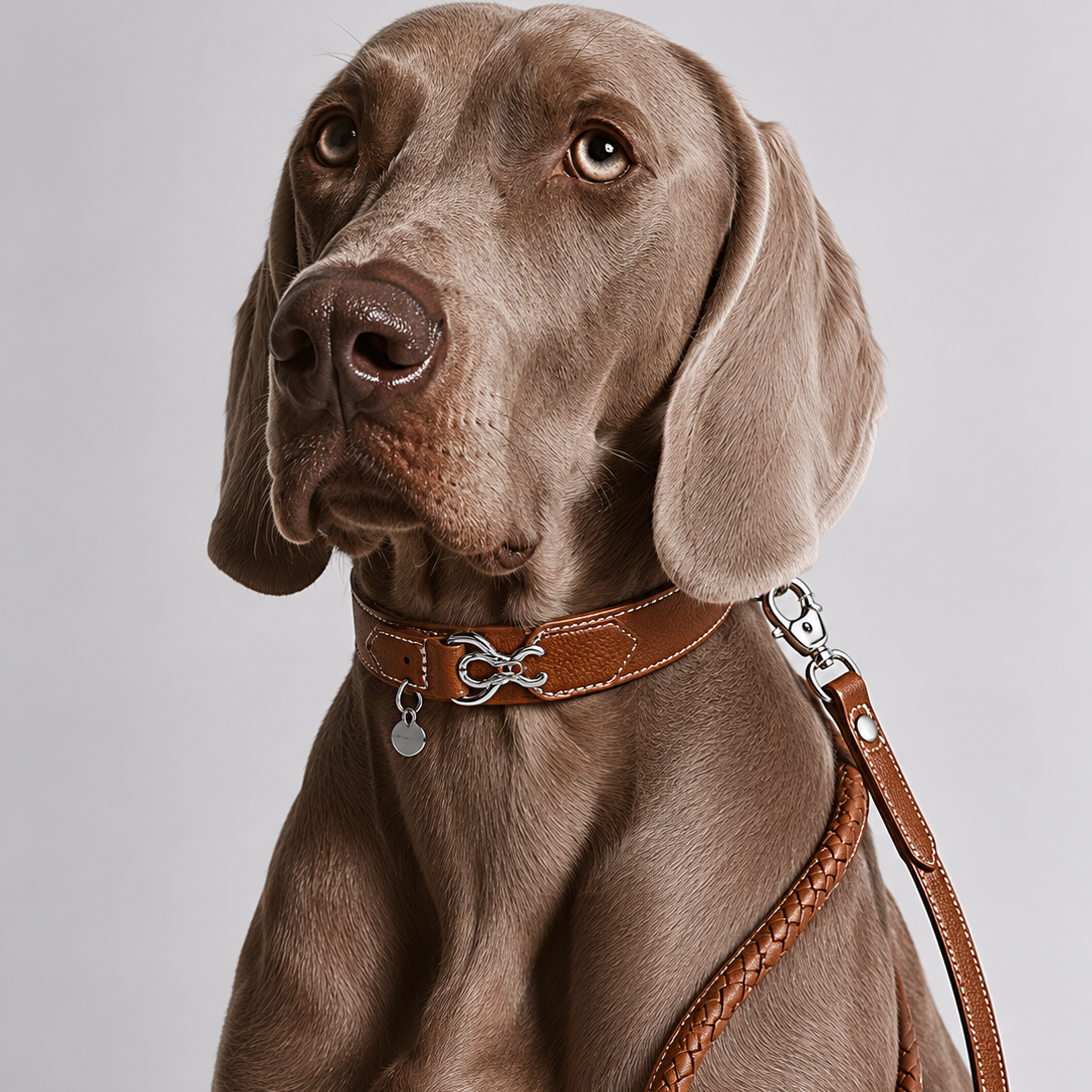 Brown dog wearing a leather collar and leash on a gray background