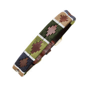 pampeano Caza brown leather dog collar with signature green and navy Pampa detailing
