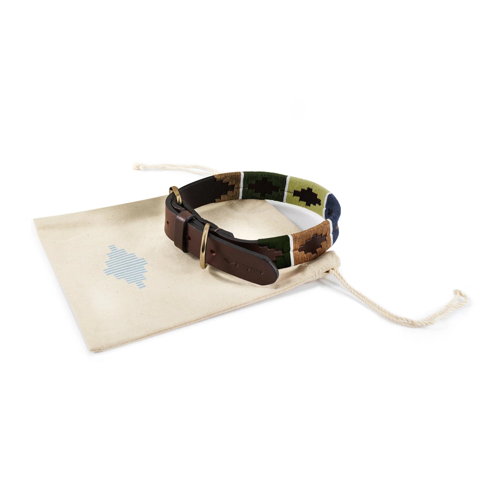 Caza premium leather dog collar by pampeano with green, navy and caramel detailing