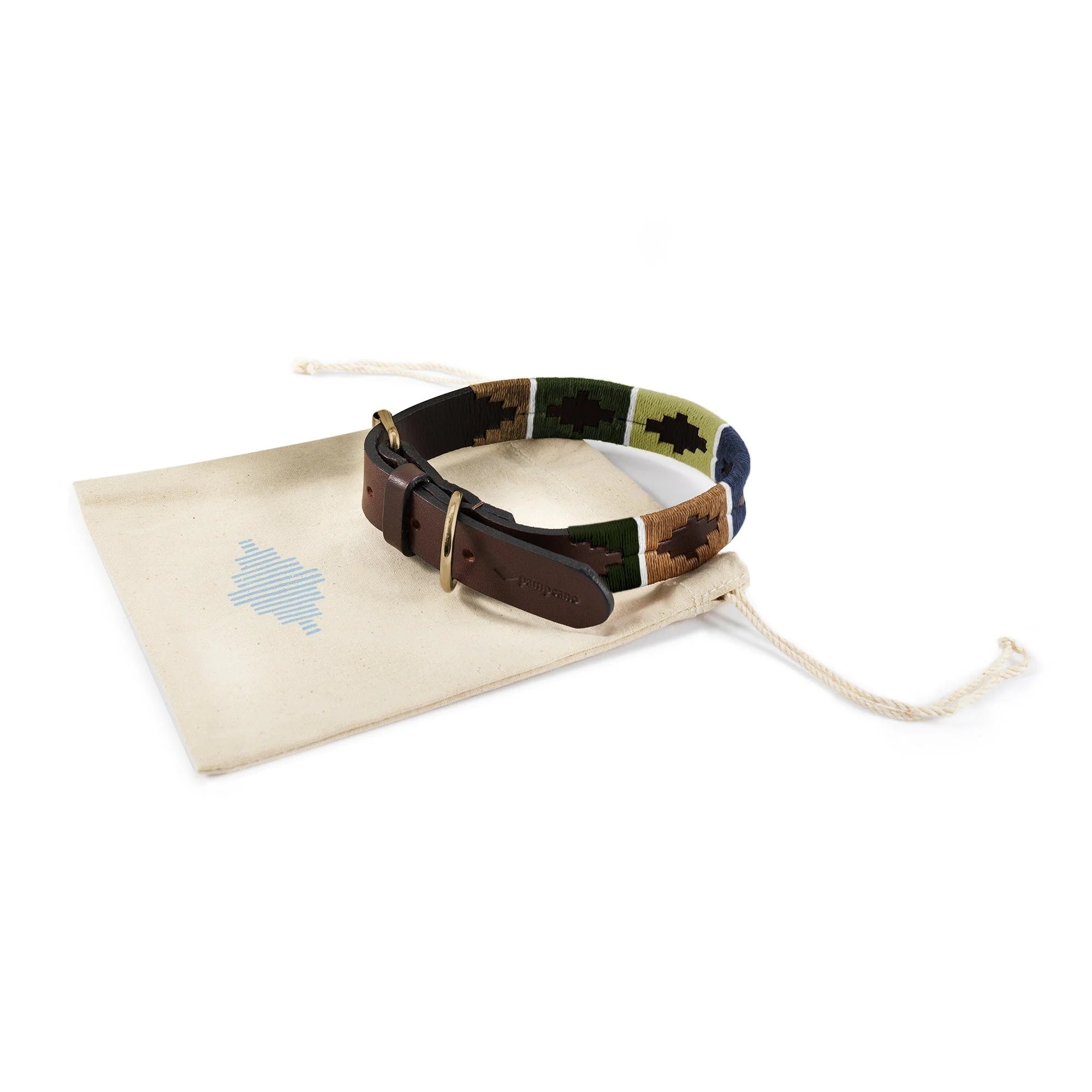 Caza premium leather dog collar by pampeano with green, navy and caramel detailing