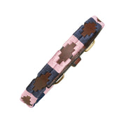 pampeano Hermoso brown leather dog collar with hand-stitched pink and navy detailing