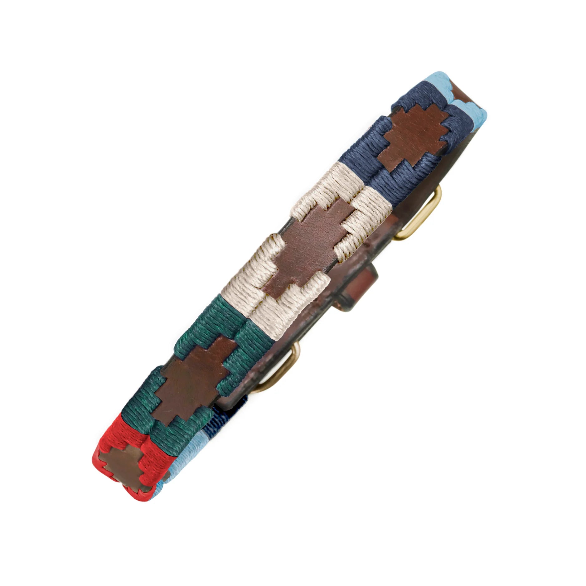 pampeano Multi brown leather dog collar with woven red, navy, green and cream detailing