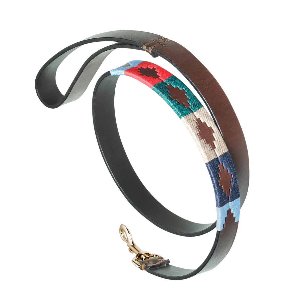pampeano Multi Havana brown leather dog lead with colourful handwoven Pampa diamond detailing