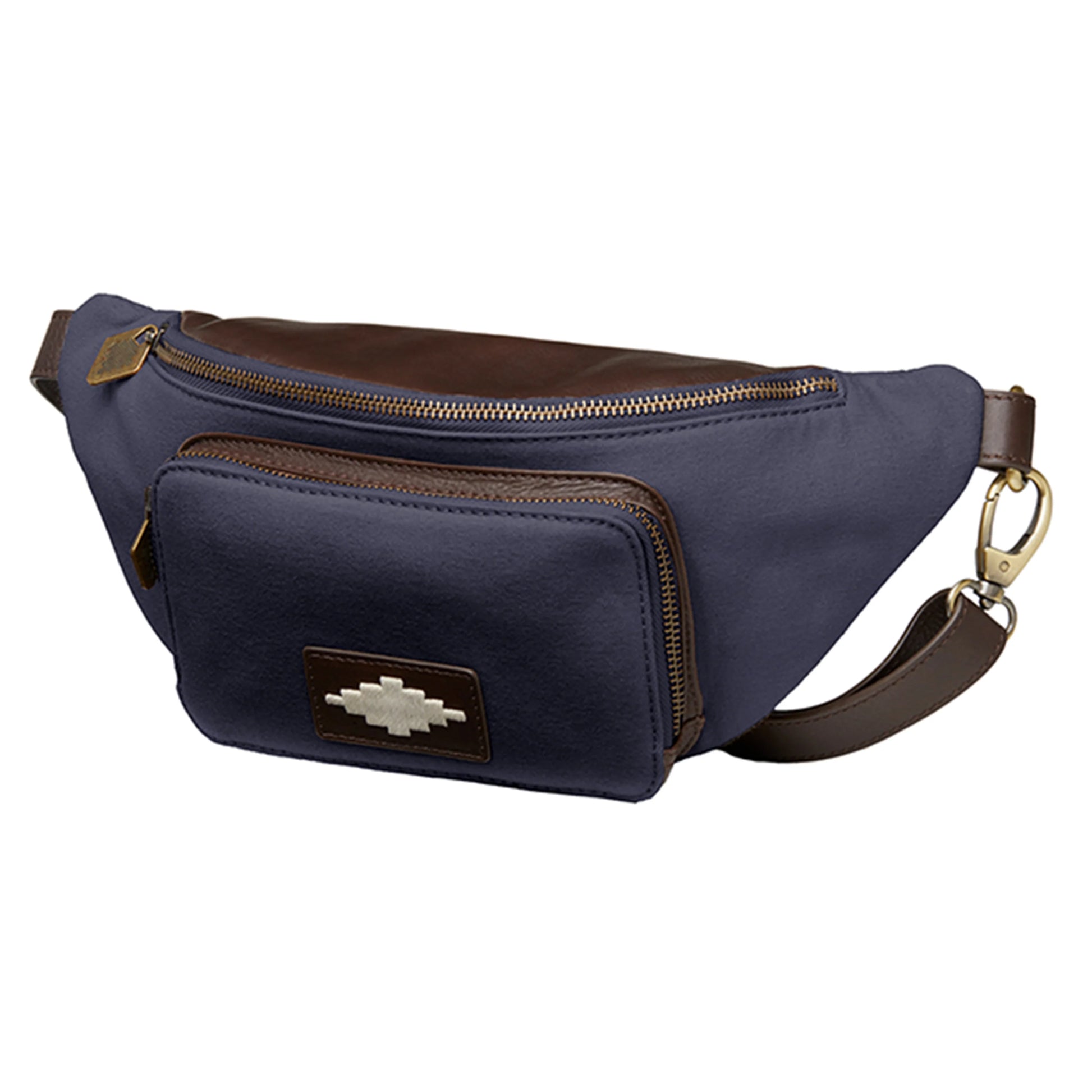 pampeano Rinonera navy canvas crossbody bag with brown leather detailing