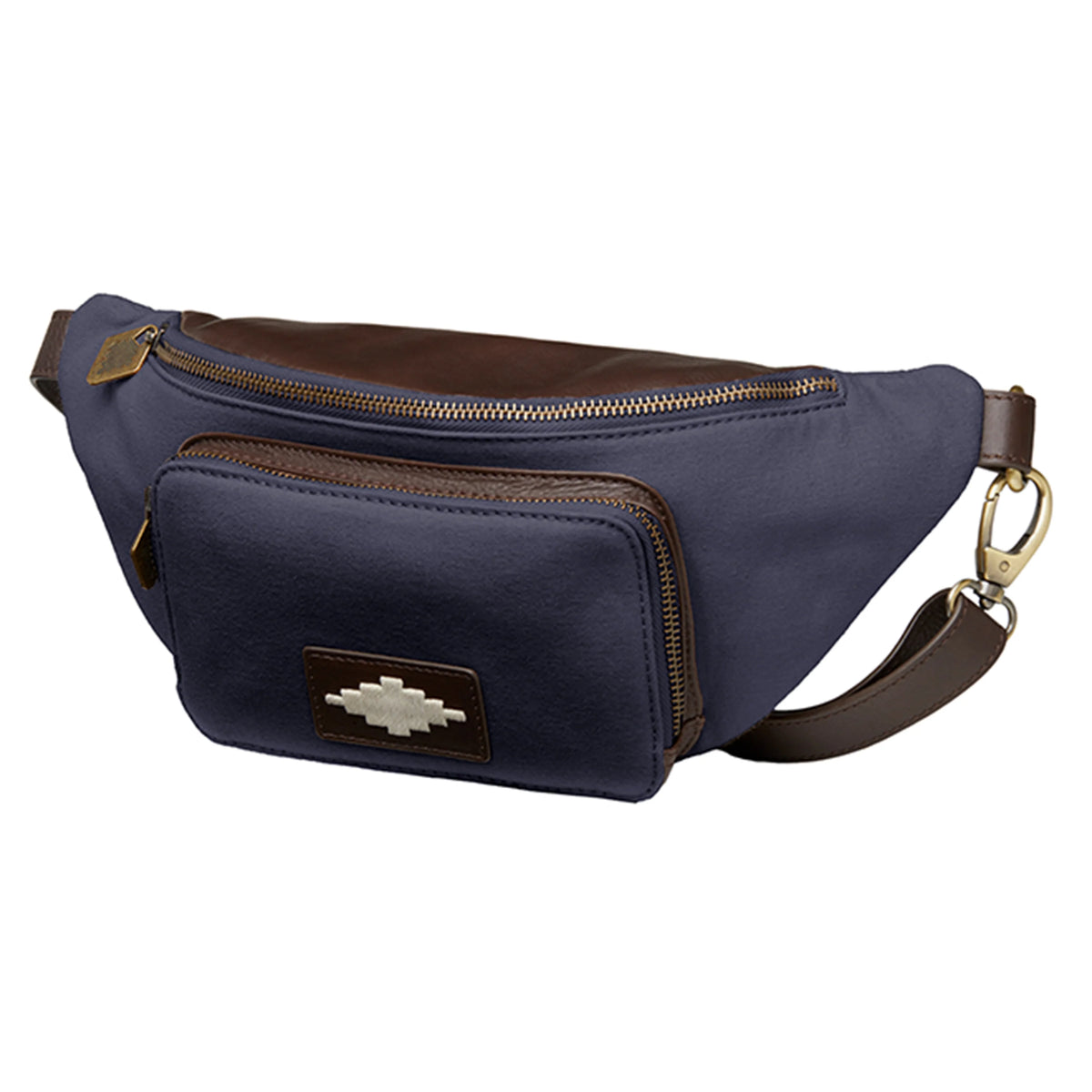 pampeano Rinonera navy canvas crossbody bag with brown leather detailing