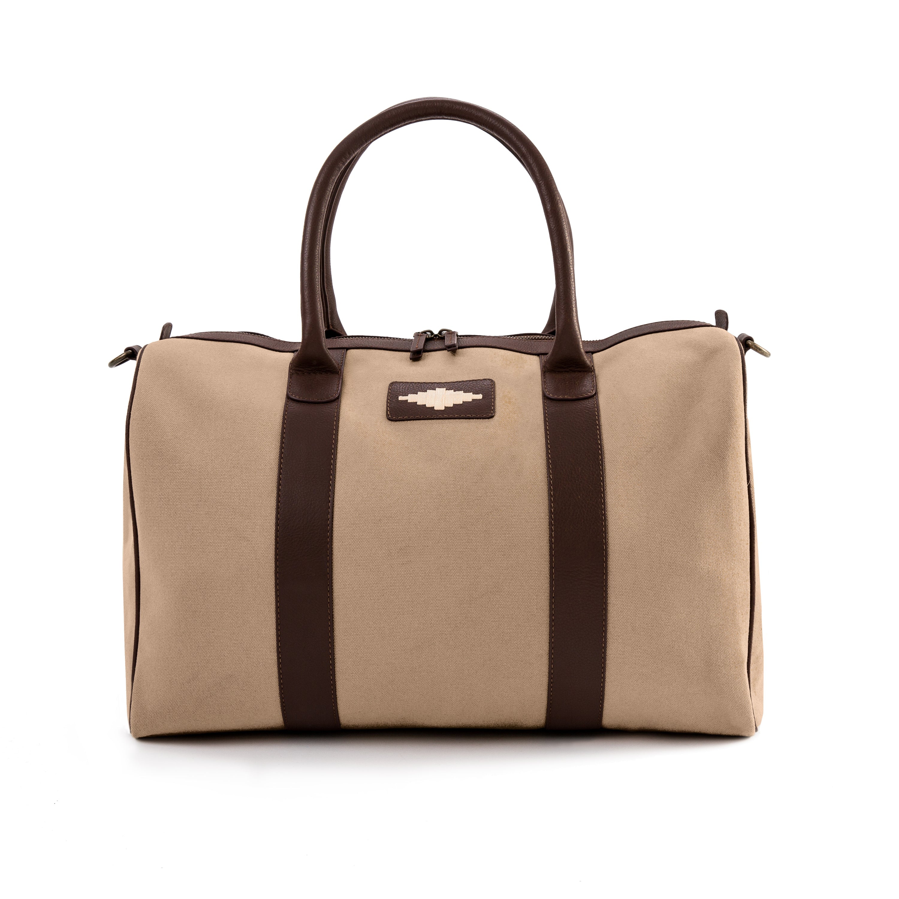 Sand canvas pampeano Varon travel bag with rich Havana brown leather