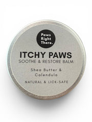 Balm container labeled 'Itchy Paws' with 'Paws Right There' branding on a white background