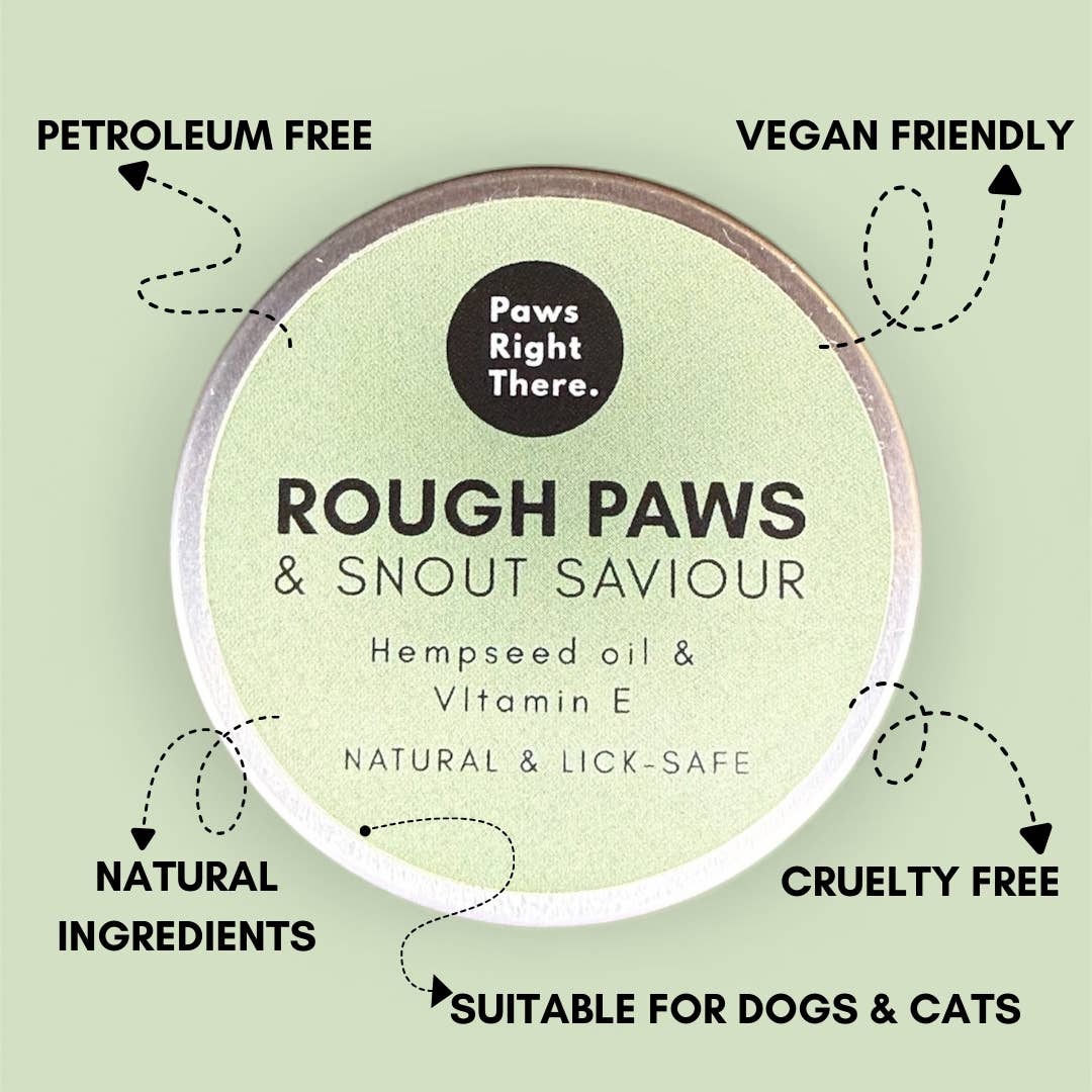 Product packaging for 'Rough Paws & Snout Saviour' with branding and feature text on a light green background.