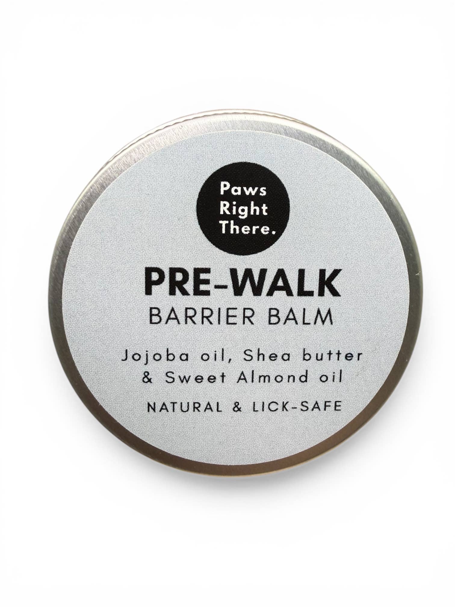 Pre-walk barrier balm container with 'Paws Right There' branding on a white background