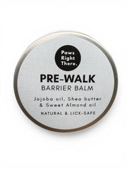Pre-walk barrier balm container with 'Paws Right There' branding on a white background