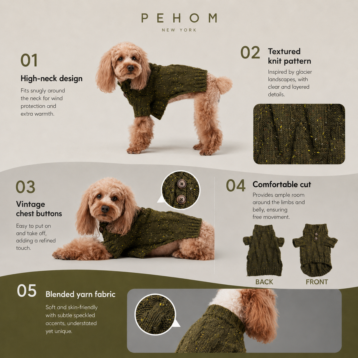 Dog wearing a green sweater with PEHOM branding and product features listed.