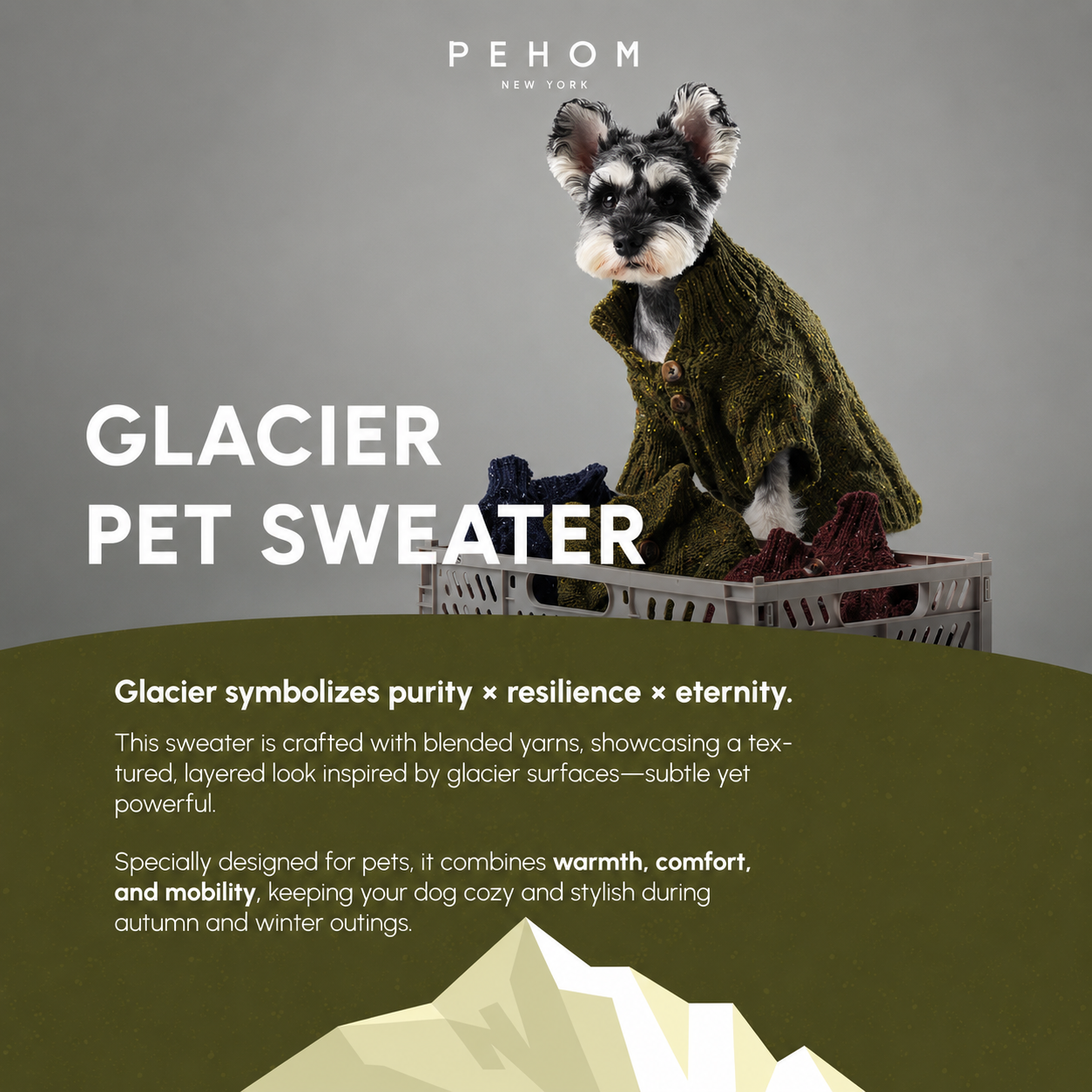 Pet sweater with a dog model, branded 'PEHOM', on a gray background with mountain graphic.