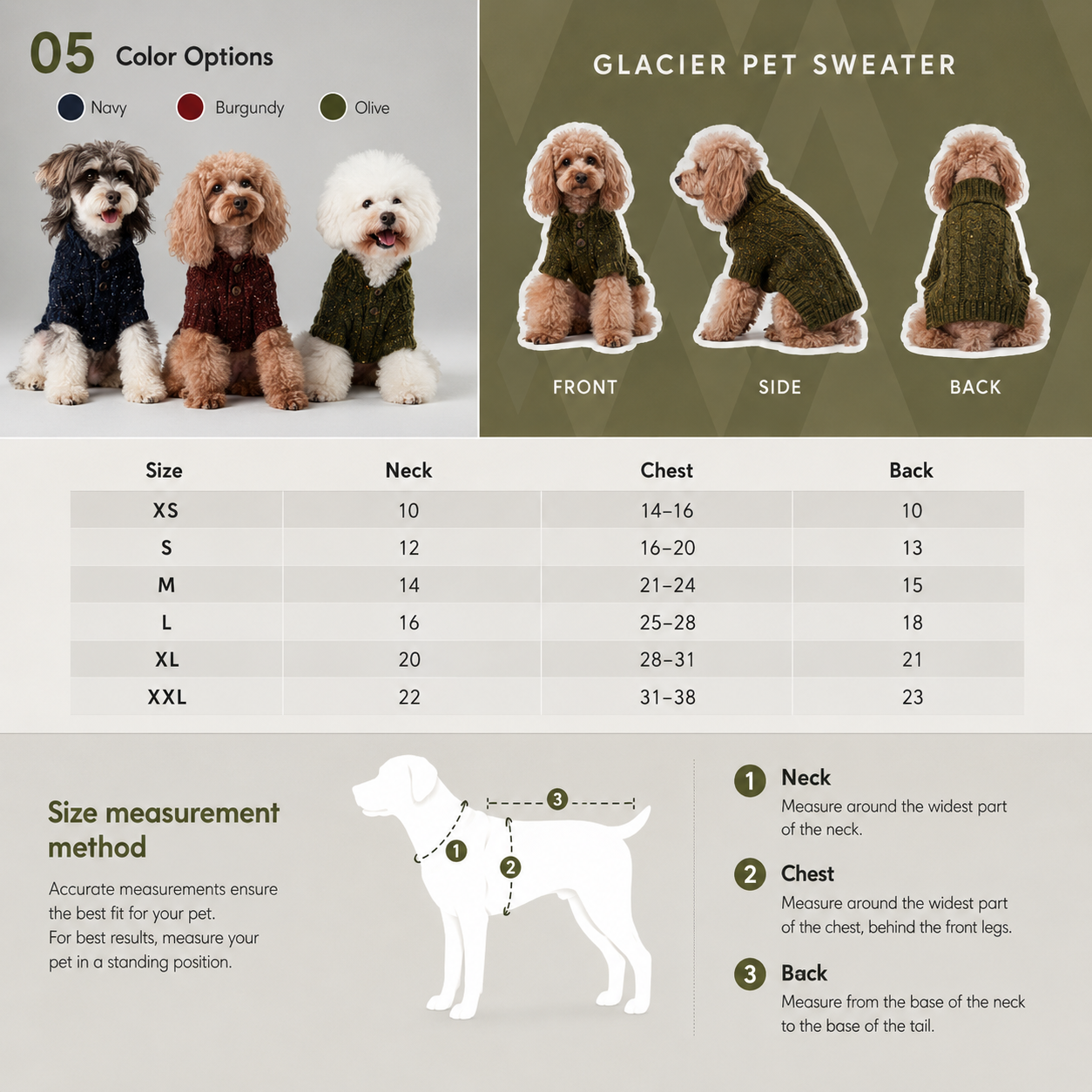 Glacier Pet Sweater size chart with dogs wearing the sweater in front, side, and back views.