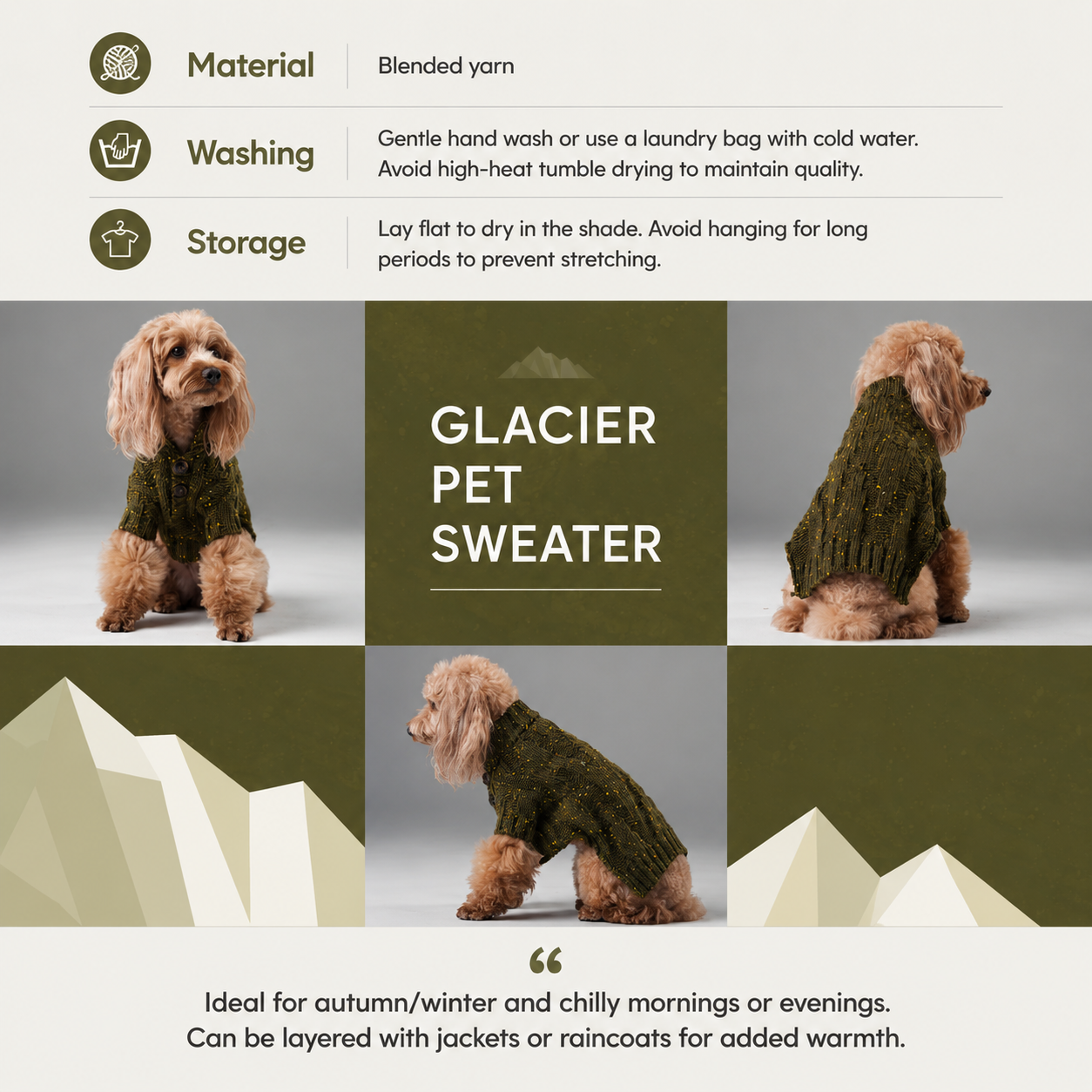 Dog wearing a green sweater with product care instructions and mountain-themed background